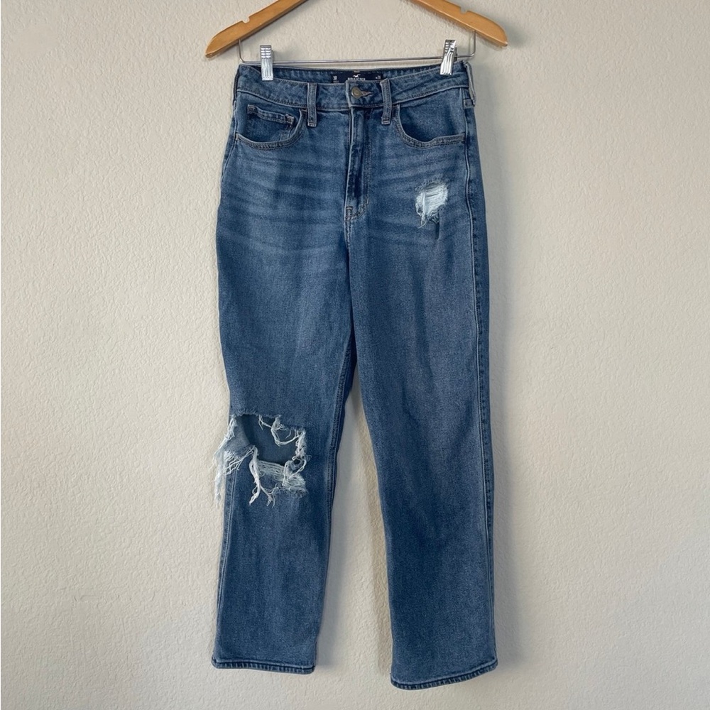 Hollister Women's Blue Distressed Straight Leg Jeans